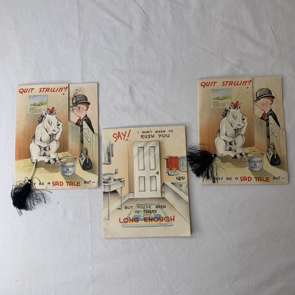Vintage 1940's Lot Of 3 Get Well Cards Used Googly Eye Stalling Horse Bathroom